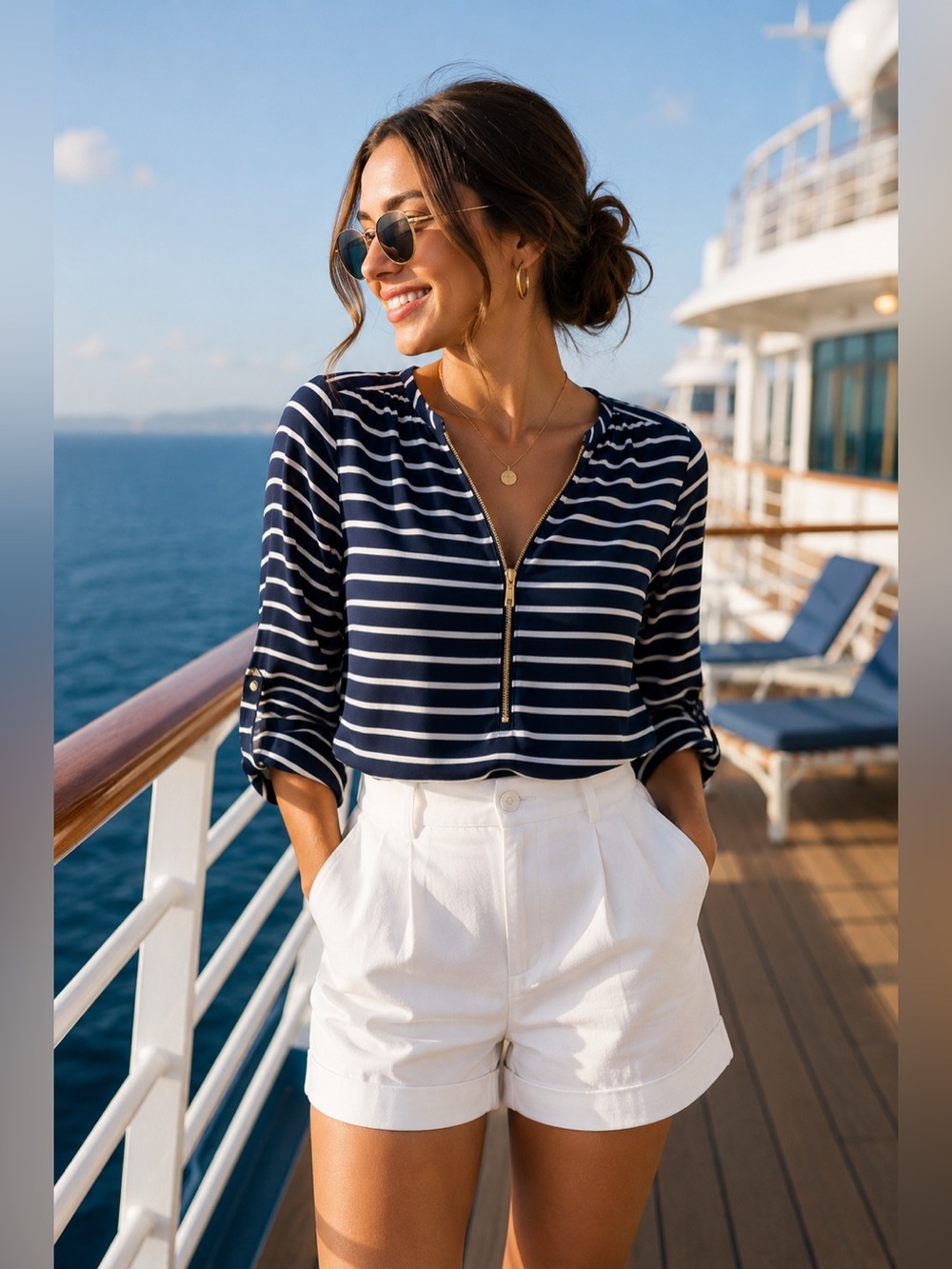 Blue and white striped with gold zipper blouse size extra large